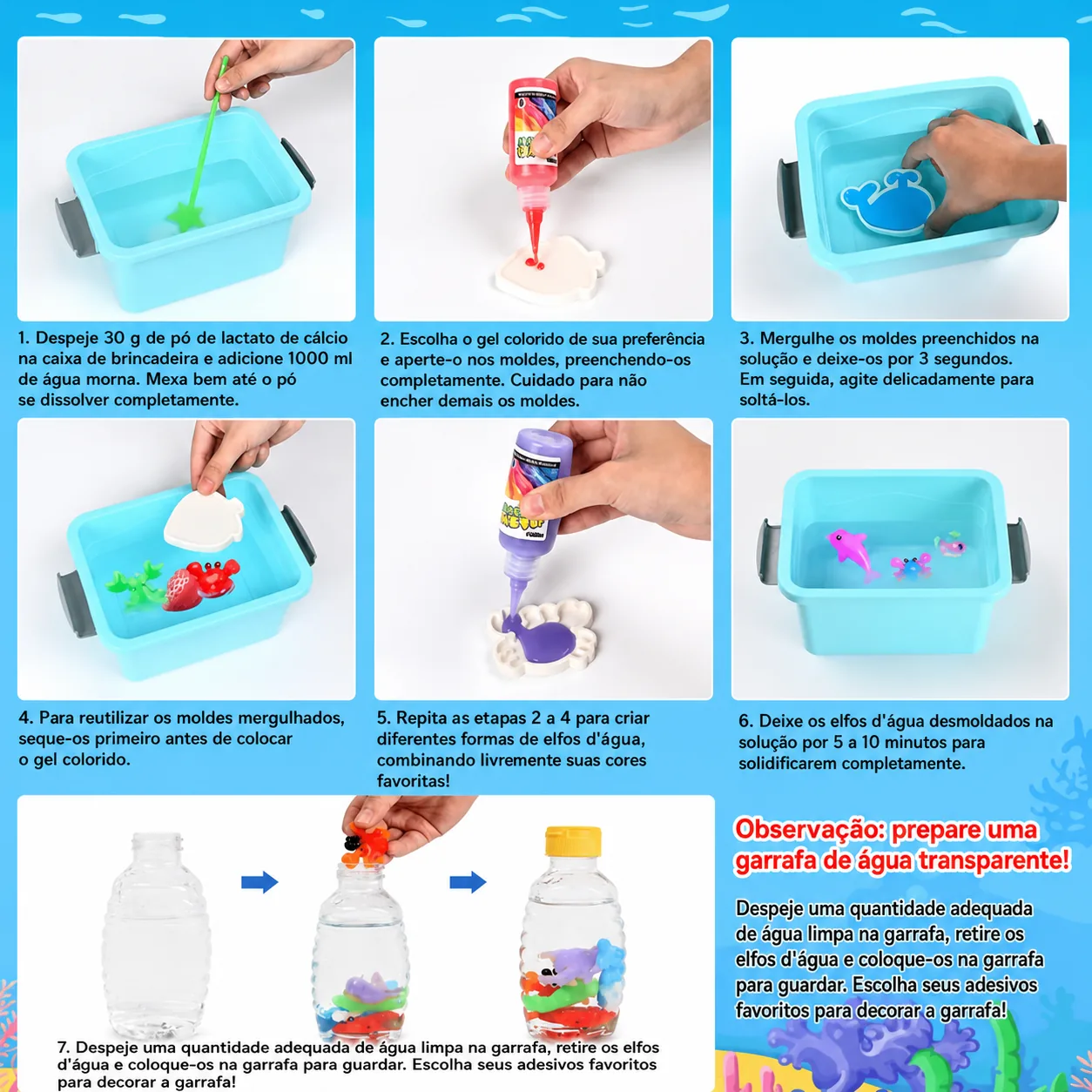 Guia ilustrado com os 7 passos completos de utilização do Magic Water Elf, incluindo como guardar as figuras numa garrafa