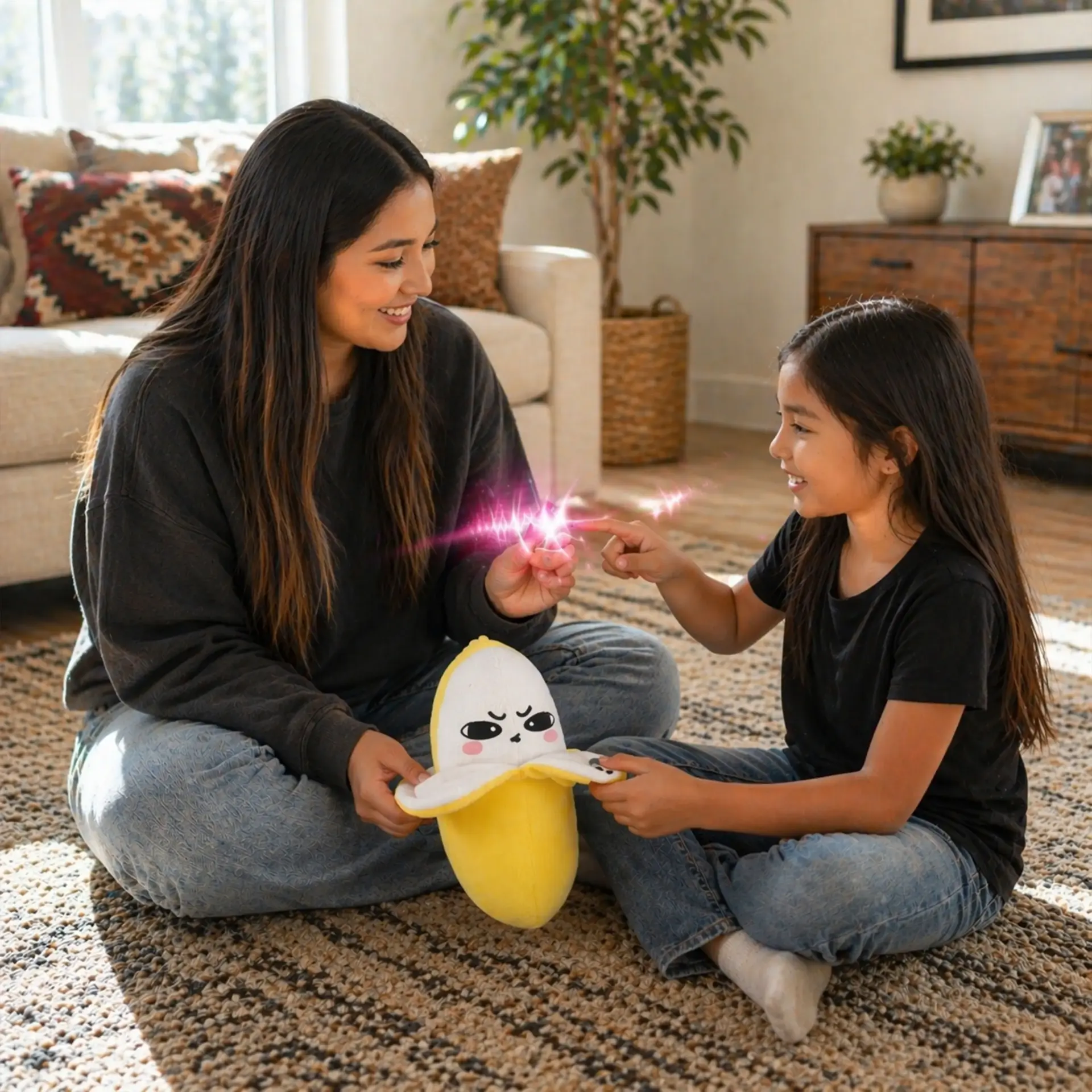 Mãe e filha a brincar com a pelúcia musical Banana Broto